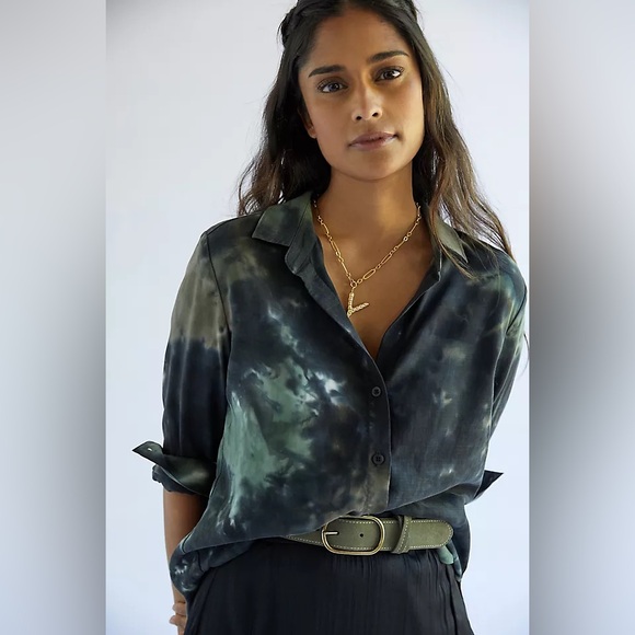 Cloth & Stone Anthropologie Tie-Dye Button Down Shirt in Black/Green/Brown - XL - Picture 15 of 16